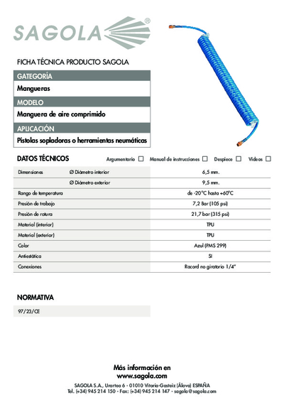 Ficha técnica manguera aire espiral PU